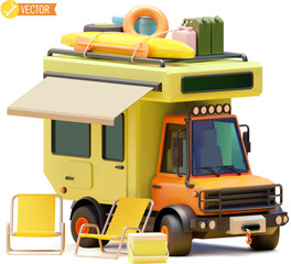 Vector camper van on the campsite. Offroad camper, portable camping chairs, RV with kayak boat on the roof - 623531937