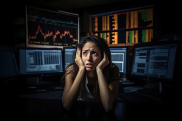 Fototapeta na wymiar Stock market crash, man looks worried at financial graph charts, candlestick charts, created with Generative AI