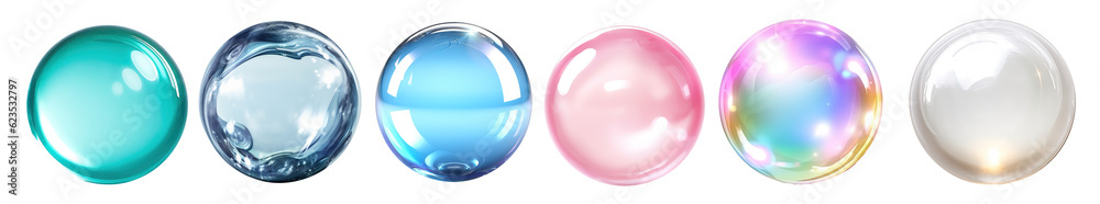 Wall mural set of realistic transparent colorful soap bubbles with rainbow reflection isolated on transparent b