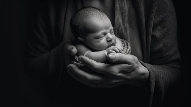 Newborn baby in mother hands. Generative AI 