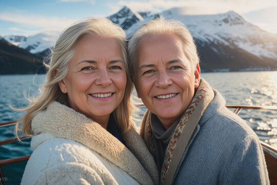Digital portrait of happy laughing retired couple, enjoying the sunset on the luxury yacht in Antarctica. Concept of active age. Generative AI
