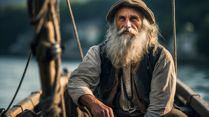 Portrait of an old sailor man with white beard on a boat - obrazy, fototapety, plakaty