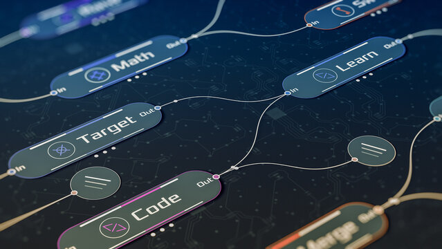 Node system, neural network model, machine learning, programming ai, big data flow, software development (3d render)