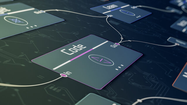 neural network model, machine learning, node interface, programming ai, big data, training ai (3d render)