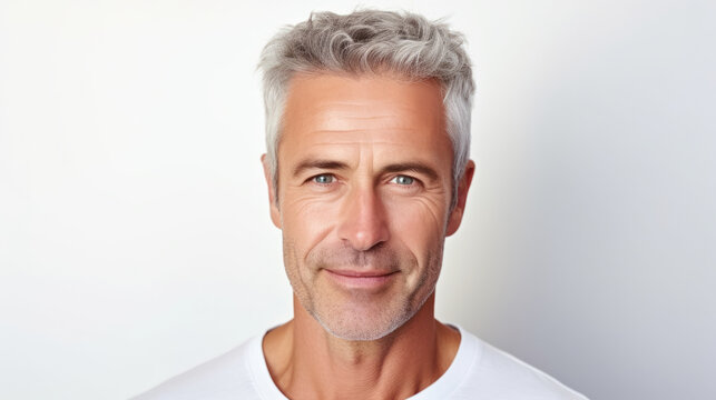 Beautiful portrait of a 50s mid aged mature man looking at camera isolated on white background