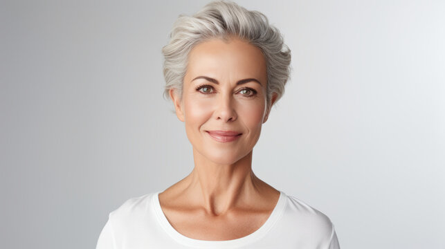 Beautiful Portrait Of A 50s Mid Aged Mature Woman Looking At Camera Isolated On White Background