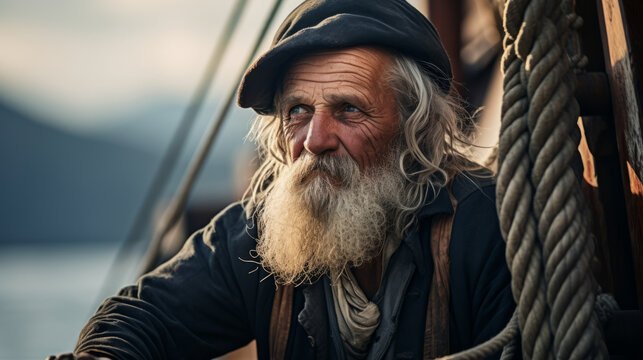 Portrait of an old sailor man with white beard on a boat