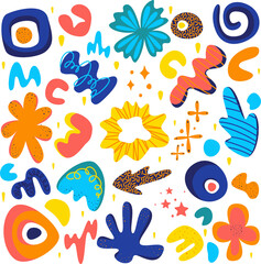 Fototapeta na wymiar abstract pattern with doodle elements, set of hand drawn doodles, abstract flowers, in blue, yellow, orange colors, texture doodles, bright