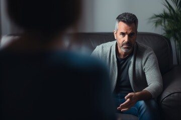 Fototapeta premium Depressed man on at appointment with experienced psychologist woman psychology female therapist specialist doctor psychiatry mental help support session clinic consultation survey depression disorder