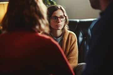 Depressed woman girl man couple family therapy appointment with experienced psychologist psychology therapist specialist doctor psychiatry mental help support session clinic consultation love trouble - obrazy, fototapety, plakaty