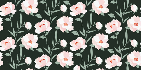 Seamless pattern white peonies on a dark background.Flowering background. Print for printing on fabric and paper