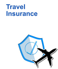 Travel insurance, Time to travel concept. Tour with airplane baggage and boat. Protech your trip by Blue Shield. Promotional Poster image. Isolate on white background with text.