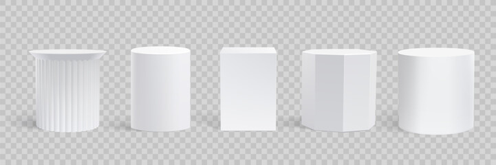 White podium stand, 3D cube pedestal display isolated on grey background. Vector column platform pillar for display product - 623534125