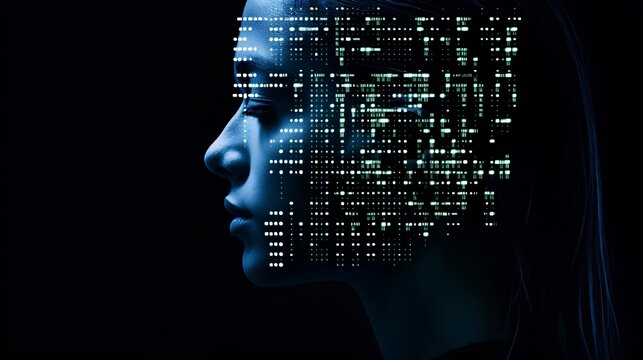 The concept of human-computer interaction - HCI. A person with binary code projected onto their face, the intimate interplay between humans and digital technology in digitized world. Generative AI