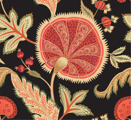Indian floral seamless pattern on the black background. Chintz style.