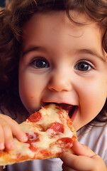 Cute and smiling little girl eats a tasty slice of pizza