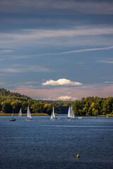 Sailboats on Lake Ukiel in Olsztyn. In the background isthmus "Snapdragon".