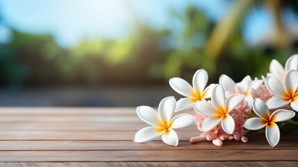 white frangipani flowers on wooden table, generative ai