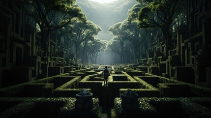 A man standing in the middle of a maze surrounded by trees - obrazy, fototapety, plakaty