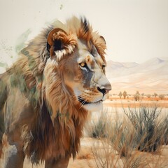 Fototapeta premium Generative AI illustration of a lion in the Sahara desert.