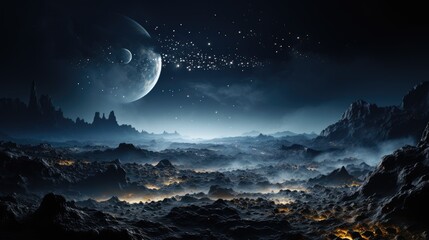 Fototapeta na wymiar Moon and Earth. Moon with craters in deep black space. Moonwalk. Earth at night
