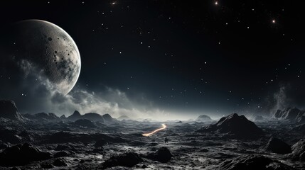 Moon and Earth. Moon with craters in deep black space. Moonwalk. Earth at night