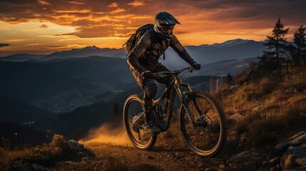 Mountain biking in sunset view back