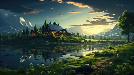 renewable energy background with green energy as wind turbines and solar panels