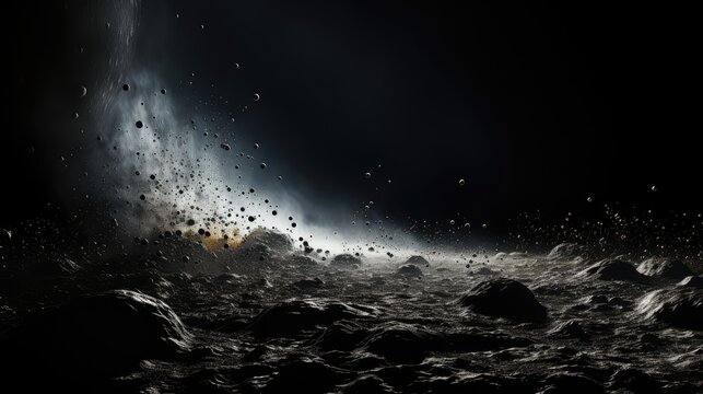 Moon and Earth. Moon with craters in deep black space. Moonwalk. Earth at night