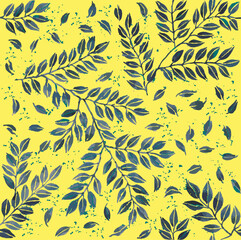 Seamless pattern with plant twigs. Branch leaves pattern on yellow background. Watercolor painting vector illustration.