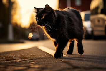 A black cat walking across a street at sunset. Generative AI.