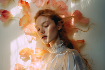 portrait of a woman/model/book character standing by a window in warm daylight with a thoughtful/sad expression in a fashion/beauty editorial magazine style film photography look - generative ai art