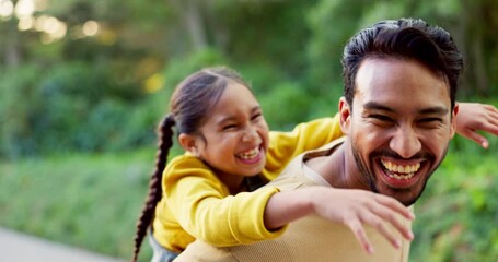 Happy, playful and a father and child in nature for walking, bonding and piggyback. Laughing, family and a young dad with a little girl in a park for weekend fun or activity together with freedom - Powered by Adobe