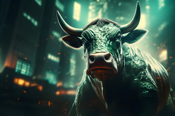 Front view of bull statue. Concept of bullish market. AI generated