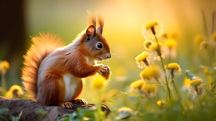 Cute squirrel and beautiful flowers in the garden. AI generated