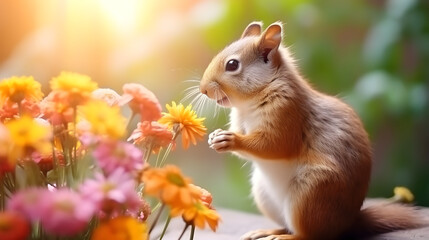 Cute squirrel and beautiful flowers in the garden. AI generated
