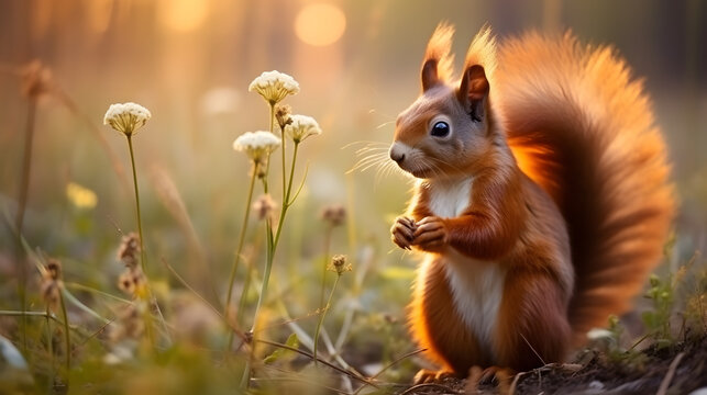Cute squirrel and beautiful flowers in the garden. AI generated