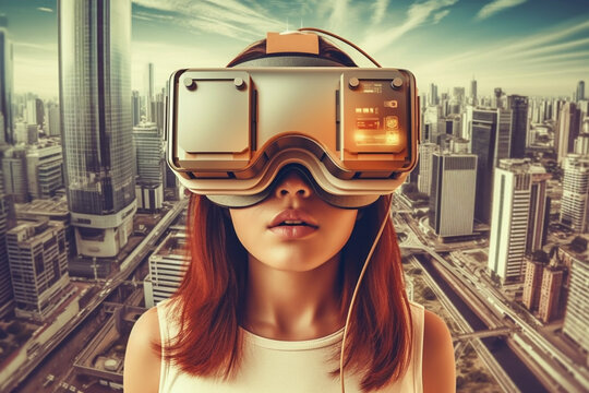 A woman wearing virtual reality glasses. City. Collage. Generative AI