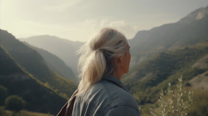 ai generative back view of an elderly  lonely woman enjoying a day in nature with freedom 