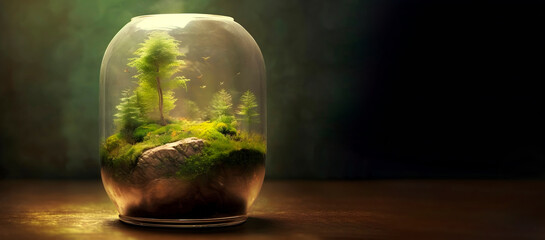 Florarium on a wooden table. Ecology concept stock image with copy space. Generative AI