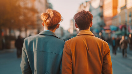 ai generative gay couple walking outdoors through a urban city 