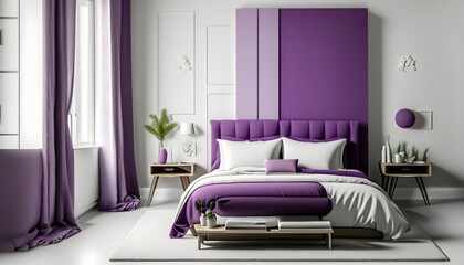 interior of of bed room with white and purple color with more accessories, hotel, interior,...
