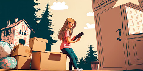 An illustration of a happy young girl moving to a new house. She is carrying a box and waving goodbye to her old home - Generative AI