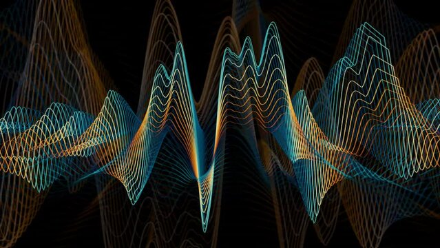 Synthwave and retrowave style music animation 120bpm, retro fade colored equalizer visual lined sound waves, 3d line graphic