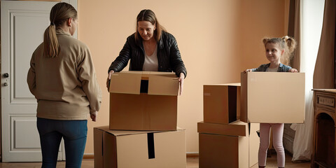 A happy family with cardboard boxes in their new house during a move - Generative AI