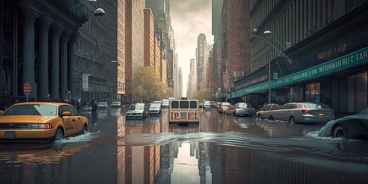 Flooding in New York City, with cars submerged and emergency vehicles present - Generative AI