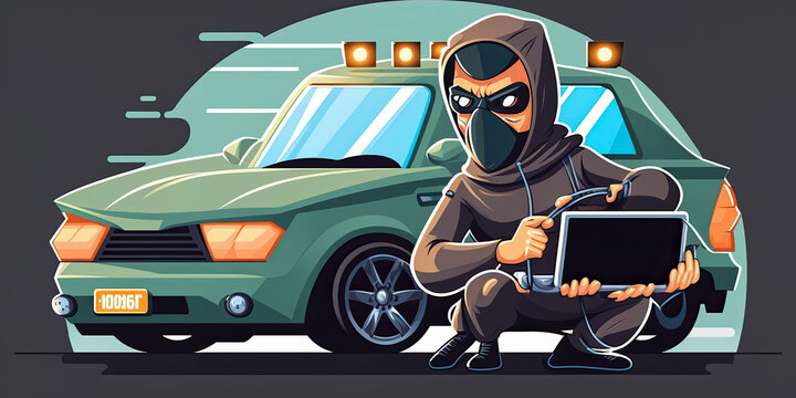 A thief using hacking to steal a car. The image shows a laptop with code on the screen - Generative AI