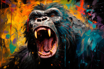 Portrait of angry ferocious gorilla. AI generated.