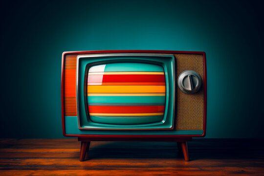 Retro TV set displaying colored striped screen. AI generated.