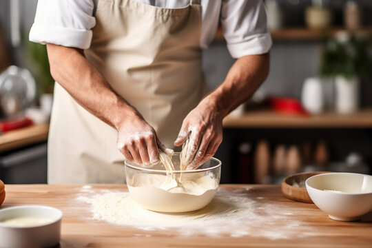 Cropped shot of man in apron kneading dough in kitchen
